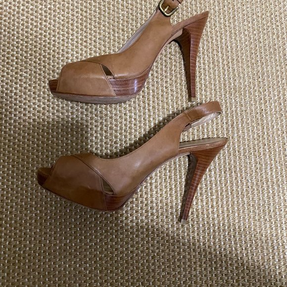 Stuart Weitzman Pumps Heels Size 10 Camel Leather Slingback Peep Toe Platform - Picture 5 of 10